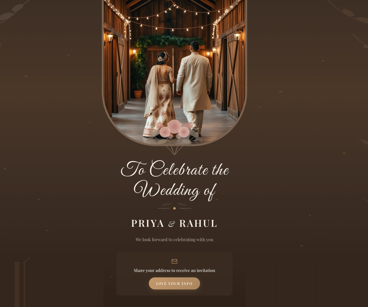 Rustic Bouquet wedding website template by Indivites